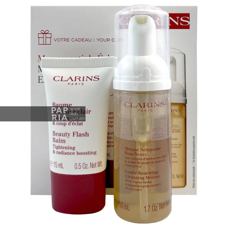 clarins-mousse-nettoyante-and-beauty-flash گیفت ست فوم پاک کننده صورت و بالم آبرسان کلارنس